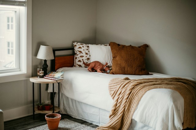 autumn bedroom with layered bedding.