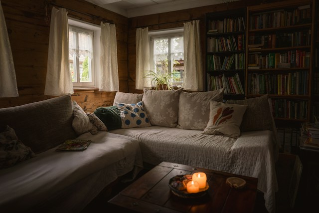 warm, lived-in autumn living room with soft lighting